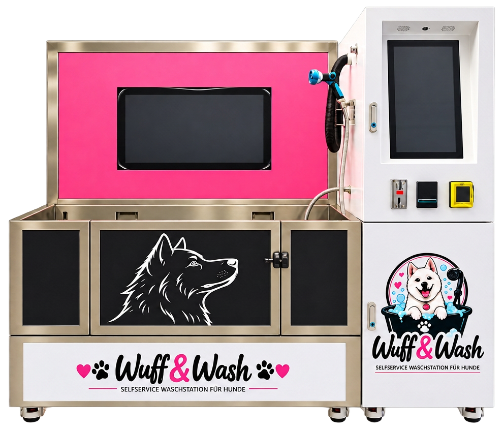 Die Wuff & Wash Selfservice-Waschstation für Hunde: Waschwanne mit rosa Rückwand, Bedienterminal mit Screen, Duschlanze und Kartenzahlung.